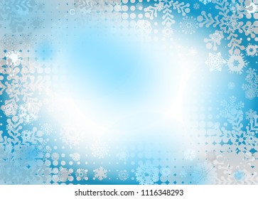 Bright blue background with snowflakes. Vector snowfall winter pattern. Blue snow illustration for Christmas design