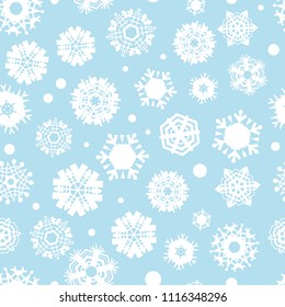 Bright blue background with snowflakes. Vector snowfall winter pattern. Snow falling illustration for Christmas design
