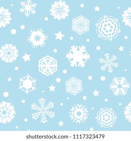 Bright blue background with snowflakes. Vector snowfall winter pattern. Snow falling illustration for Christmas design