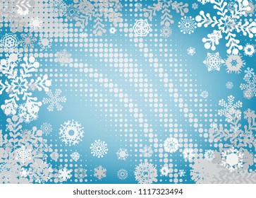 Bright blue background with snowflakes. Vector snowfall winter pattern. Blue snow illustration for Christmas design