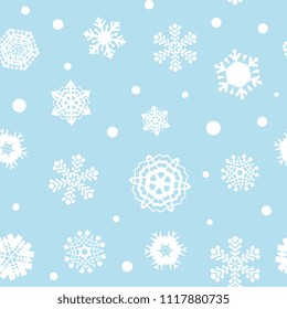 Bright blue background with snowflakes. Vector snowfall winter pattern. Snow falling illustration for Christmas design