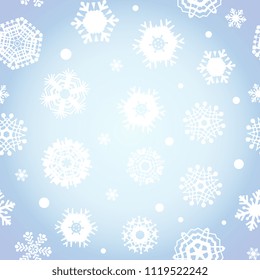 Bright blue background with snowflakes. Vector snowfall winter pattern. Blue snow illustration for Christmas design