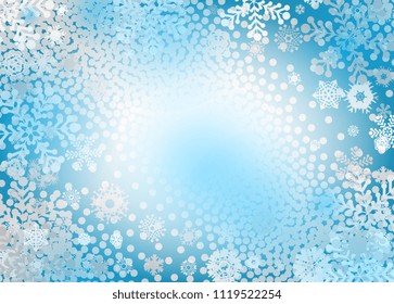 Bright blue background with snowflakes. Vector snowfall winter pattern. Blue snow illustration for Christmas design