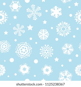 Bright blue background with snowflakes. Vector snowfall winter pattern. Snow falling illustration for Christmas design