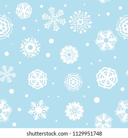 Bright blue background with snowflakes. Vector snowfall winter pattern. Snow falling illustration for Christmas design