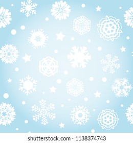 Bright blue background with snowflakes. Vector snowfall winter pattern. Blue snow illustration for Christmas design