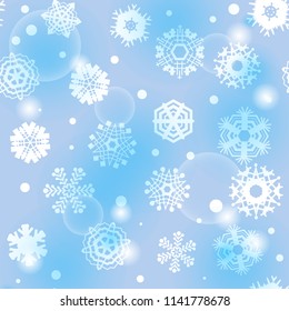 Bright blue background with snowflakes. Vector snowfall winter pattern. Snow falling illustration for Christmas design