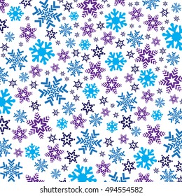 Bright blue background with snowflakes. Vector snowfall winter pattern. Snowflakes background for your text. Snow falling illustration for Christmas design. Greeting snowflake background
