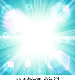 Bright blue background with a sun burst with lens flare. Vector illustration. Stock Vector