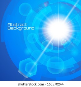 Bright blue background. Sun burst with lens flare. Vector illustration. Stock Vector