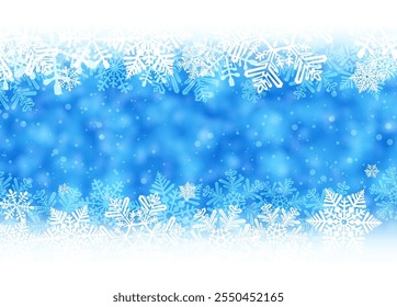 Fundo azul brilhante com um quadro superior e inferior de flocos de neve brancos, criando um design gelado e festivo. Perfeito para cartões de férias ou gráficos sazonais.