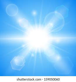 Bright blue background. Winter sun burst with lens flare. Vector illustration. Stock Vector