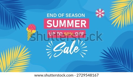 A bright blue background with yellow and blue palm leaves, pink and white sale text, and a colorful ice cream cone, showcasing a lively summer end-of-season sale