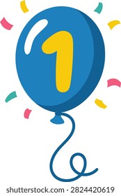 Bright blue balloon with yellow number one isolated on transparent background surrounded by colorful confetti