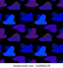 bright blue birds on a dark background. Seamless vector pattern for prints, wallpapers, textiles.