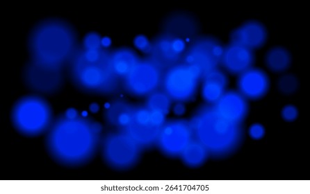Bright blue bokeh particles of multiple sizes with depth effect on dark background. Perfect for night visuals or technology-themed scenes.