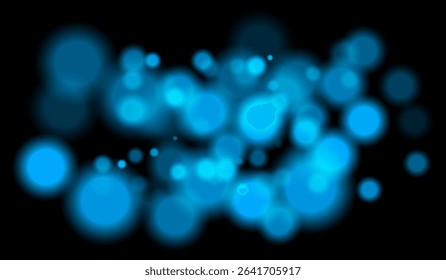 Bright blue bokeh particles of multiple sizes with depth effect on dark background. Perfect for night visuals or technology-themed scenes.