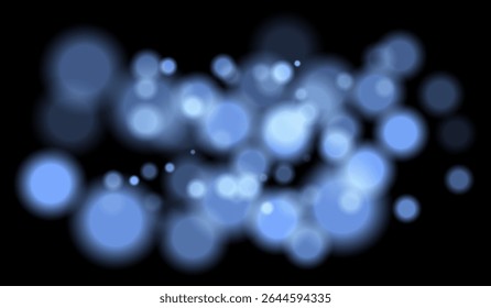 Bright blue bokeh particles of multiple sizes with depth effect on dark background. Perfect for night visuals or technology-themed scenes.