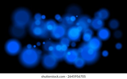 Partículas de bokeh azul brilhante de vários tamanhos com efeito de profundidade no fundo escuro. Perfeito para visuais noturnos ou cenas com temas de tecnologia.
