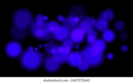 Partículas de bokeh azul brilhante de vários tamanhos com efeito de profundidade no fundo escuro. Perfeito para visuais noturnos ou cenas com temas de tecnologia.