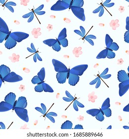 Bright blue butterflies and dragonflies seamless pattern. Vector background design for greeting and advertising products.