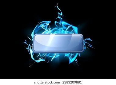 Botón azul brillante con efecto de energía abstracto estilo plano, ilustración vectorial aislada en fondo negro. Elemento decorativo para juegos, diseño de interfaz de usuario, forma vacía