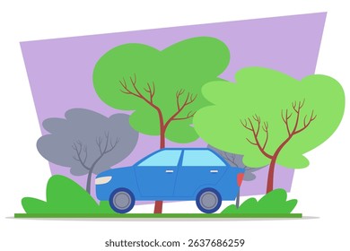 Bright blue car parked under canopy of vibrant green trees against background of stylized shapes, enhancing colorful scene