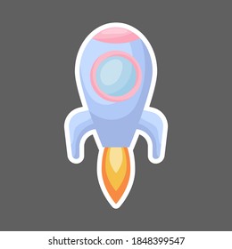 Bright blue cartoon rocket with fire trace launched into space for design of notebook, cards, invitation. Cute sticker template decorated with cartoon image. Colorful vector stock illustration