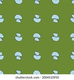 Bright blue champignon mushroom elements seamless pattern. Green background. Simple style. Vector illustration for seasonal textile prints, fabric, banners, backdrops and wallpapers.