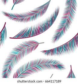 Bright blue, cherry and grey twigs on white. Vector palm leaves pattern, jungle tree branches seamless background. Summer graphic design. Exotic plants for clothes textile, fabric, wrapping paper. 