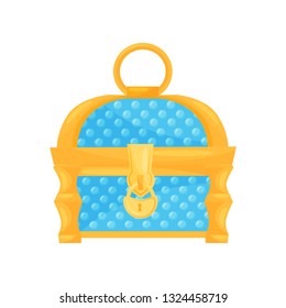 Bright blue chest with golden lock and handle. Small casket for jewelry. Flat vector for children book or mobile game