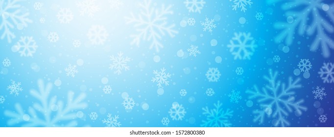 Bright blue christmas banner with blurred snowflakes. Merry Christmas and Happy New Year greeting banner. Horizontal new year background, headers, posters, cards, website. Vector illustration