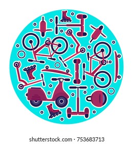Bright blue circle with purple and violet sticker style fashion teenager city transport, round print with youth urban ecological transport bicycle, monocycle for t-shirt, emblem city or sport symbol