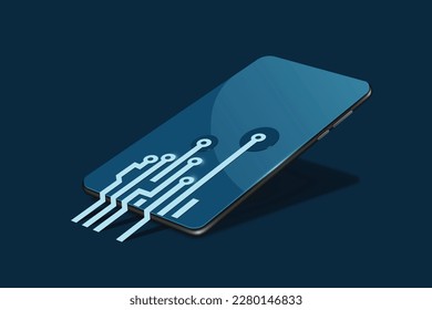 Bright blue circuit boards are spreading to smartphones to convey theft of information in the digital world or to convey technology related to the Internet,vector 3d isolated for technology concept