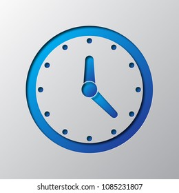 Bright blue clock out of paper. Vector illustration. Clock is cut from paper. Clock icon with shadow.