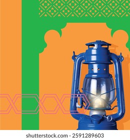 A bright blue color lantern illuminates against arabic backdrop. A vector design template for Ramadan. Middle Easten graphics and motifs. 