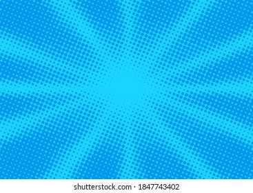 Bright blue comic book pop art backgroung with halftone rays effect, dotted superhero backdrop vector illustration