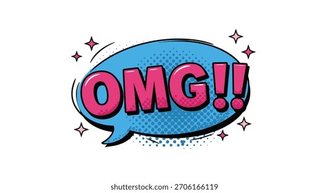 Una burbuja de discurso de estilo de cómic azul brillante con un patrón de puntos de semitono, que contiene el texto rosa audaz "¡OMG!" y rodeado de destellos brillantes.