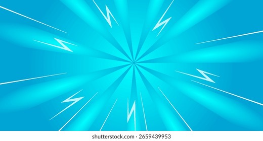 Bright blue comic-style burst background with lightning bolts and radial speed lines.