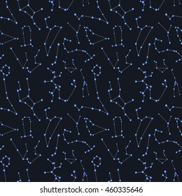 Bright blue constellations on dark night sky, seamless pattern