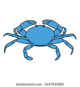 Bright Blue Crab Illustration with Black Outline on White