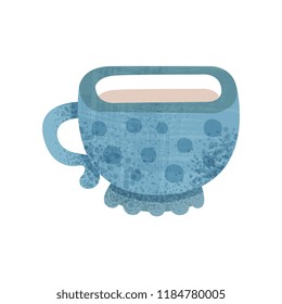 Bright blue cup for tea. Small vessel for hot drink. Ceramic utensil. Flat vector icon with texture