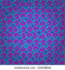 Bright blue decorative seamless pattern background in maise style. Retro tracery. Complex medley repeatable backdrop. Shining, symmetrical design for fabric, textile, ads or other purpose.