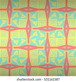 Bright blue decorative seamless pattern background in labyrinth style. Actual tracery. Shining, symmetric design for banner, packing-paper, ads or other purpose. Equable puzzle repeatable backdrop.