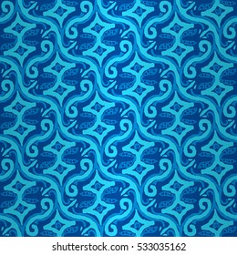 Bright blue decorative seamless pattern background in incas inspired style. Entangled medley repeatable backdrop. Modern design.