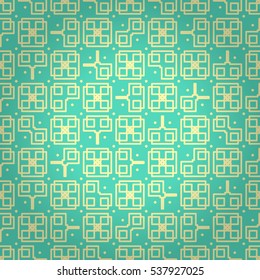 Bright blue decorative seamless pattern in liner style. Flat mosaic repeatable backdrop. Vivid, symmetric design for banner, packing-paper, web or other purpose. Vector background. Classic tracery.