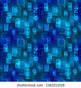A lot of bright blue digital retro electronic led signs on dark, complicated calculations seamless pattern