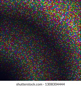 Bright blue disco lights halftone circle frame on black background. Vector illustration.