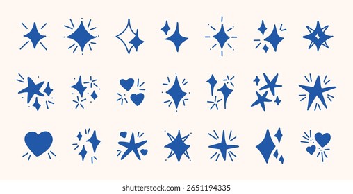 Bright blue doodle sparkles stars hearts hand drawn clipart for children vector illustration playful hand drawn design icon set minimal flat cute art whimsical decorative sketch elements isolated