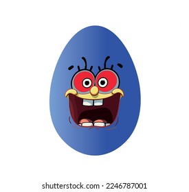 A bright blue Easter egg with a cartoon smile painted on it. Easter egg vector illustration on isolated background